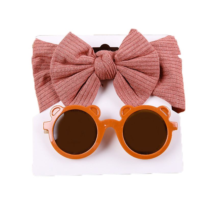 2 Pieces Set Girls Solid Color Cartoon Glasses And Bow Headwear