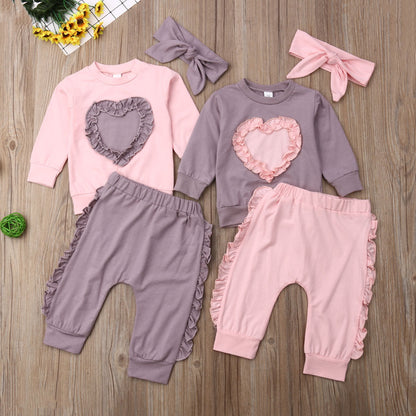 3 Pieces Set Baby Kid Girls Love heart Tops Solid Color Pants And Bow Headwear Wholesale 22121640