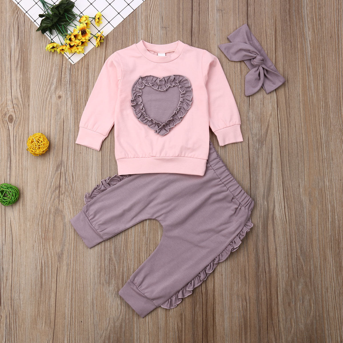 3 Pieces Set Baby Kid Girls Love heart Tops Solid Color Pants And Bow Headwear Wholesale 22121640