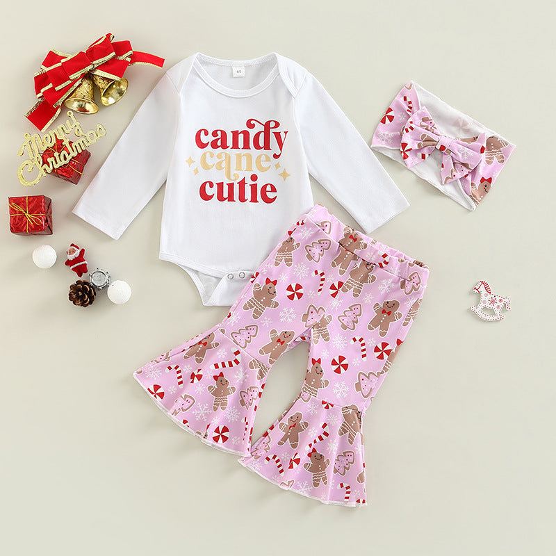 3 Pieces Set Baby Girls Christmas Letters Print Rompers And Cartoon Pants And Bow Headwear Wholesale 221216621