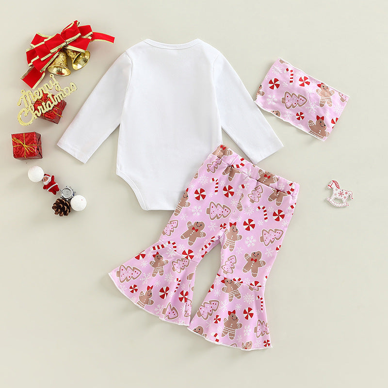 3 Pieces Set Baby Girls Christmas Letters Print Rompers And Cartoon Pants And Bow Headwear Wholesale 221216621