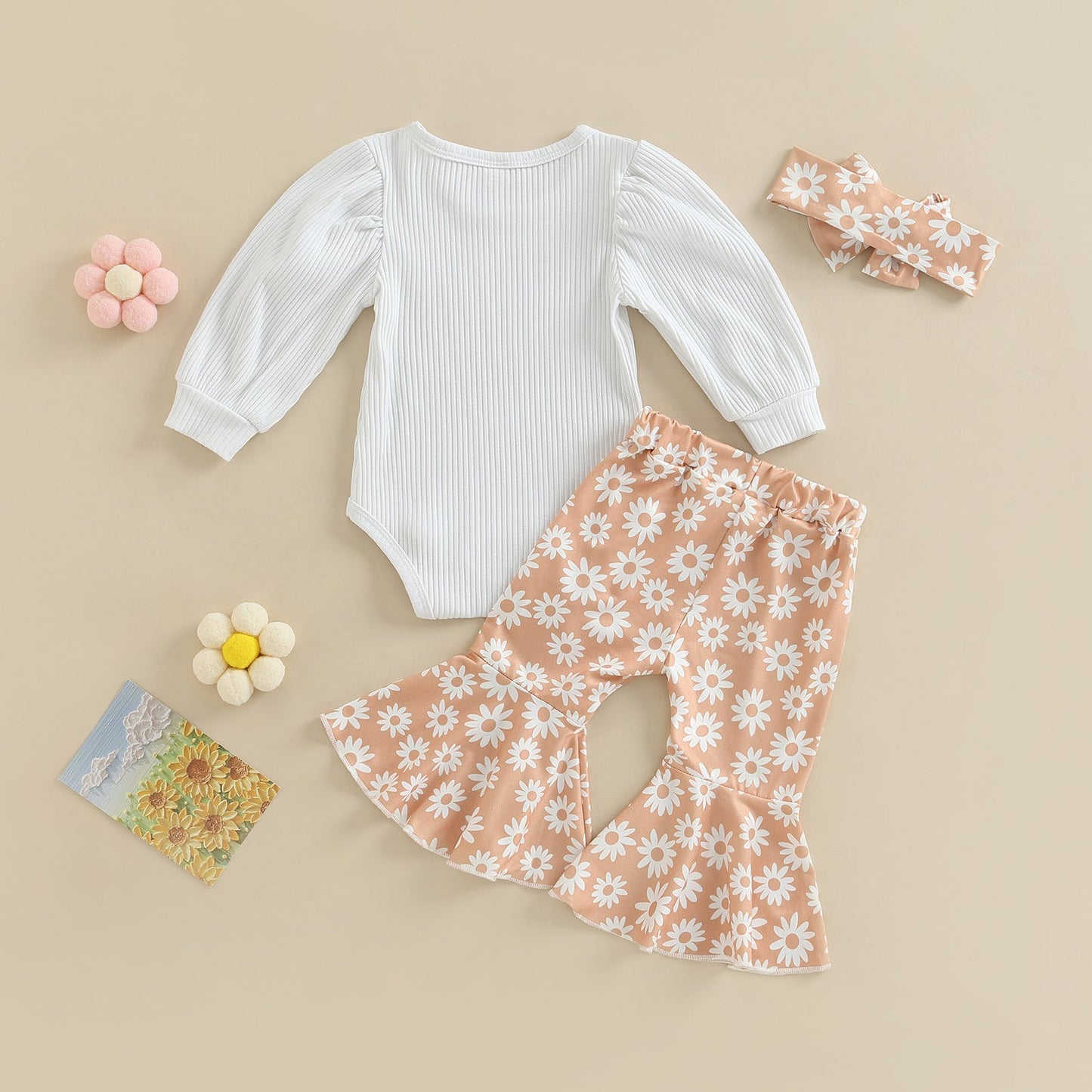 3 Pieces Set Baby Girls Flower Print Pants And Bow Headwear