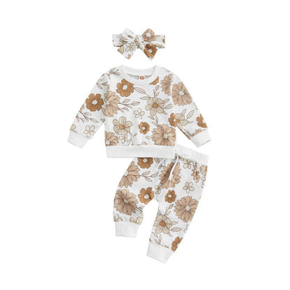 3 Pieces Set Baby Kid Girls Flower Print Hoodies Swearshirts Pants And Bow Headwear Wholesale 221229341