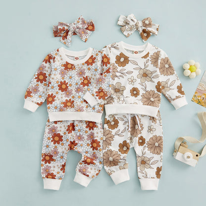 3 Pieces Set Baby Kid Girls Flower Print Hoodies Swearshirts Pants And Bow Headwear Wholesale 221229341