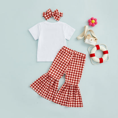 3 Pieces Set Kid Girls T-Shirts Checked Pants And Bow Headwear