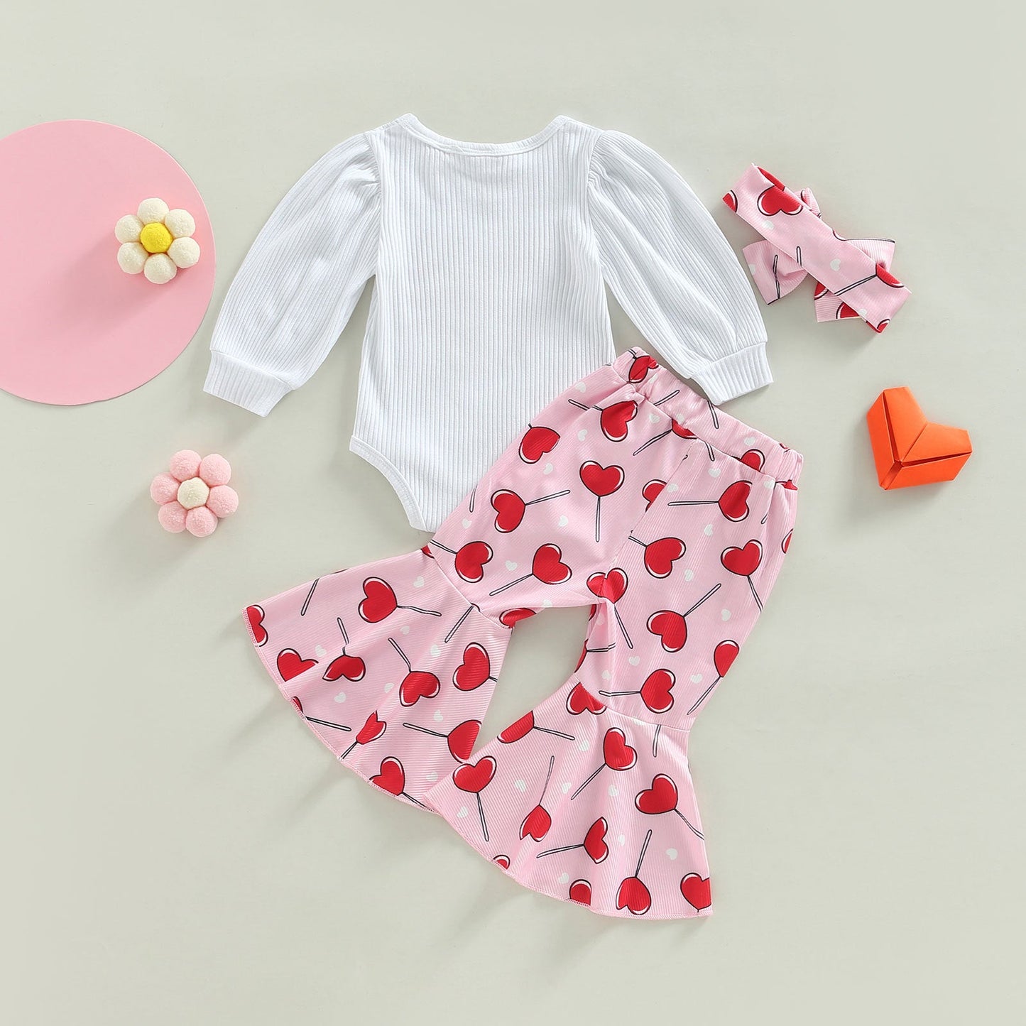 3 Pieces Set Baby Girls Valentine's Day Letters Love heart Print Rompers And Pants And Bow Headwear Wholesale 221229389