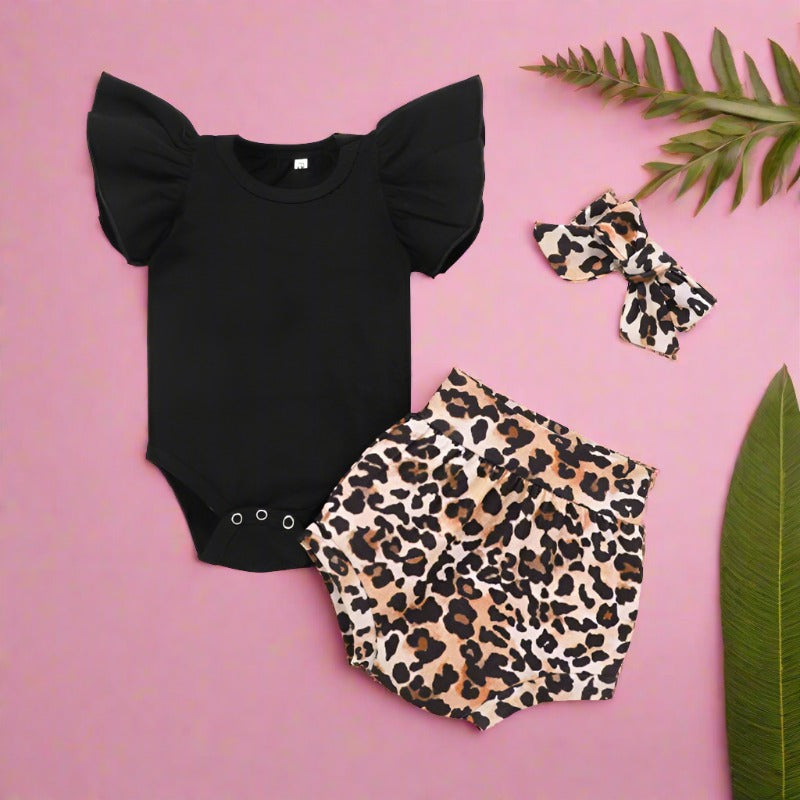 3 Pieces Set Baby Girls Rompers Leopard Shorts And Bow Headwear