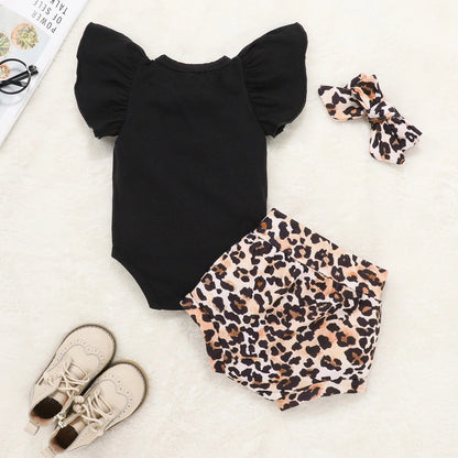 3 Pieces Set Baby Girls Rompers Leopard Shorts And Bow Headwear