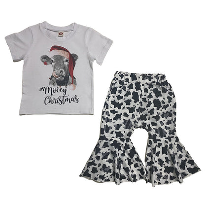 3 Pieces Set Kid Girls T-Shirts And Cow Pants And Bow Headwear