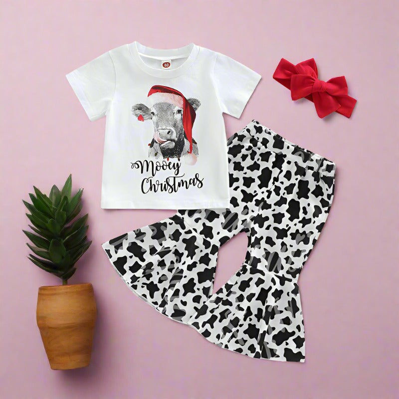 3 Pieces Set Kid Girls T-Shirts And Cow Pants And Bow Headwear