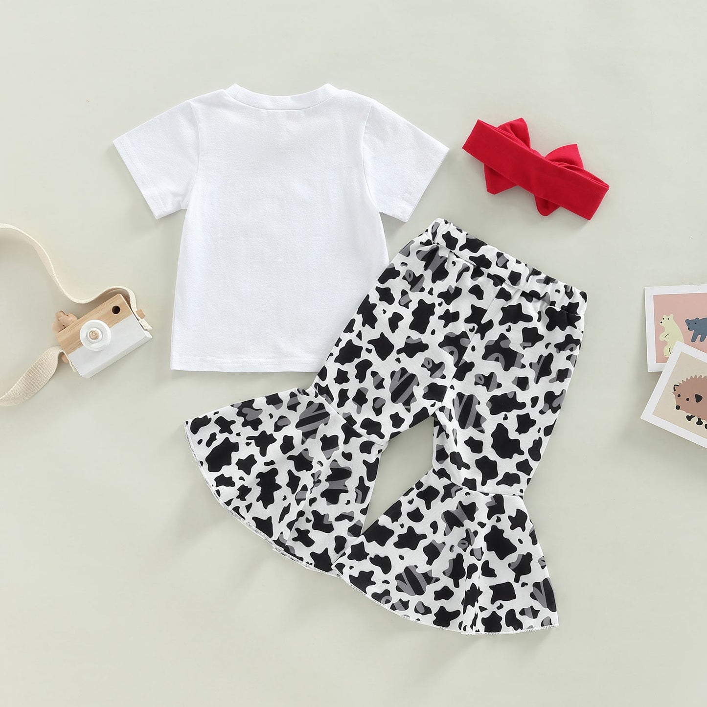 3 Pieces Set Kid Girls T-Shirts And Cow Pants And Bow Headwear