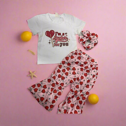 3 Pieces Set Kid Girls T-Shirts Love heart Pants And Bow Headwear