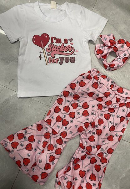 3 Pieces Set Kid Girls T-Shirts Love heart Pants And Bow Headwear