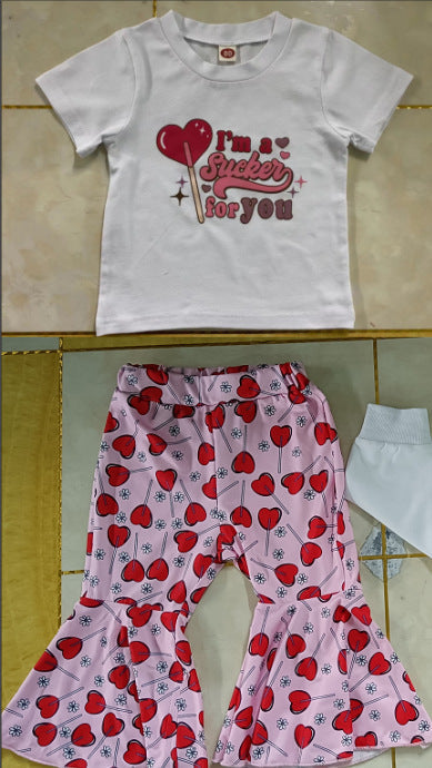 3 Pieces Set Kid Girls T-Shirts Love heart Pants And Bow Headwear