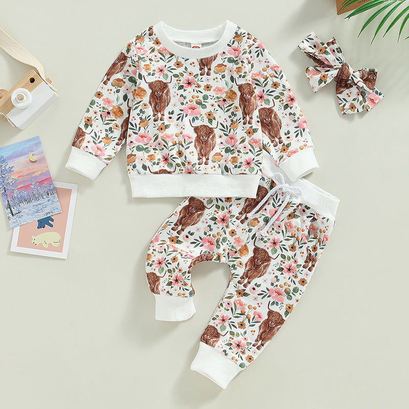 3 Pieces Set Baby Kid Girls Flower Animals Print Hoodies Swearshirts Pants And Bow Headwear Wholesale 221229738