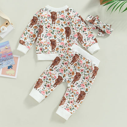 3 Pieces Set Baby Kid Girls Flower Animals Print Hoodies Swearshirts Pants And Bow Headwear Wholesale 221229738