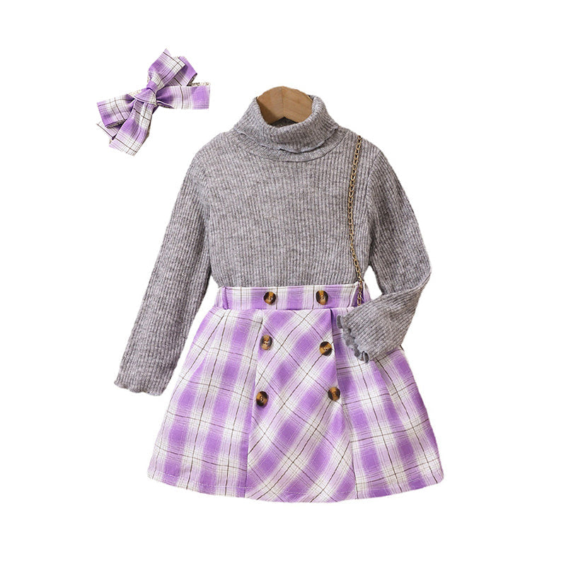 3 Pieces Set Kid Girls Solid Color Sweaters And Checked Skirts And Headwear Wholesale 230103249