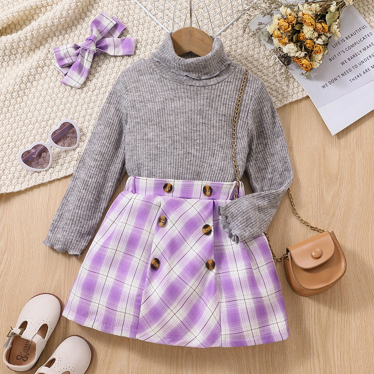 3 Pieces Set Kid Girls Solid Color Sweaters And Checked Skirts And Headwear Wholesale 230103249