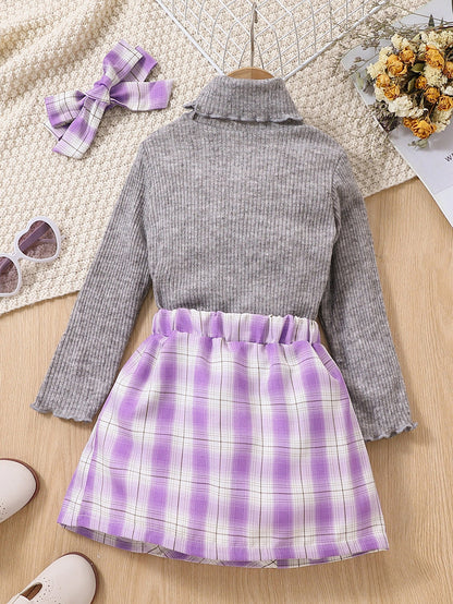 3 Pieces Set Kid Girls Solid Color Sweaters And Checked Skirts And Headwear Wholesale 230103249