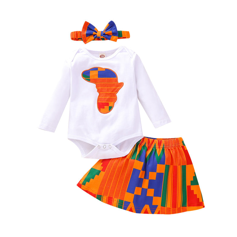 3 Pieces Set Baby Girls Graphic Print Rompers Skirts And Bow Headwear Wholesale 230105114