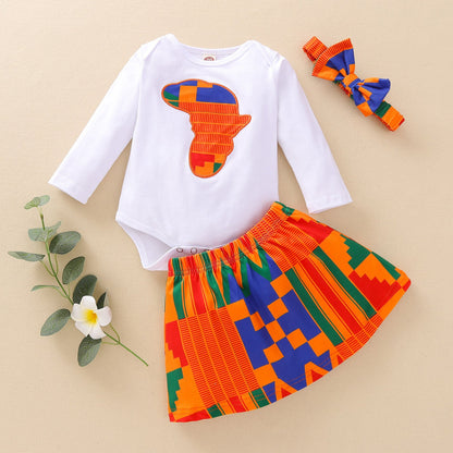 3 Pieces Set Baby Girls Graphic Print Rompers Skirts And Bow Headwear Wholesale 230105114