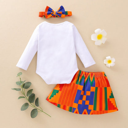 3 Pieces Set Baby Girls Graphic Print Rompers Skirts And Bow Headwear Wholesale 230105114