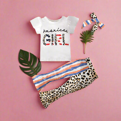 3 Pieces Set Girls Independence Day T-Shirts Pants Headwear