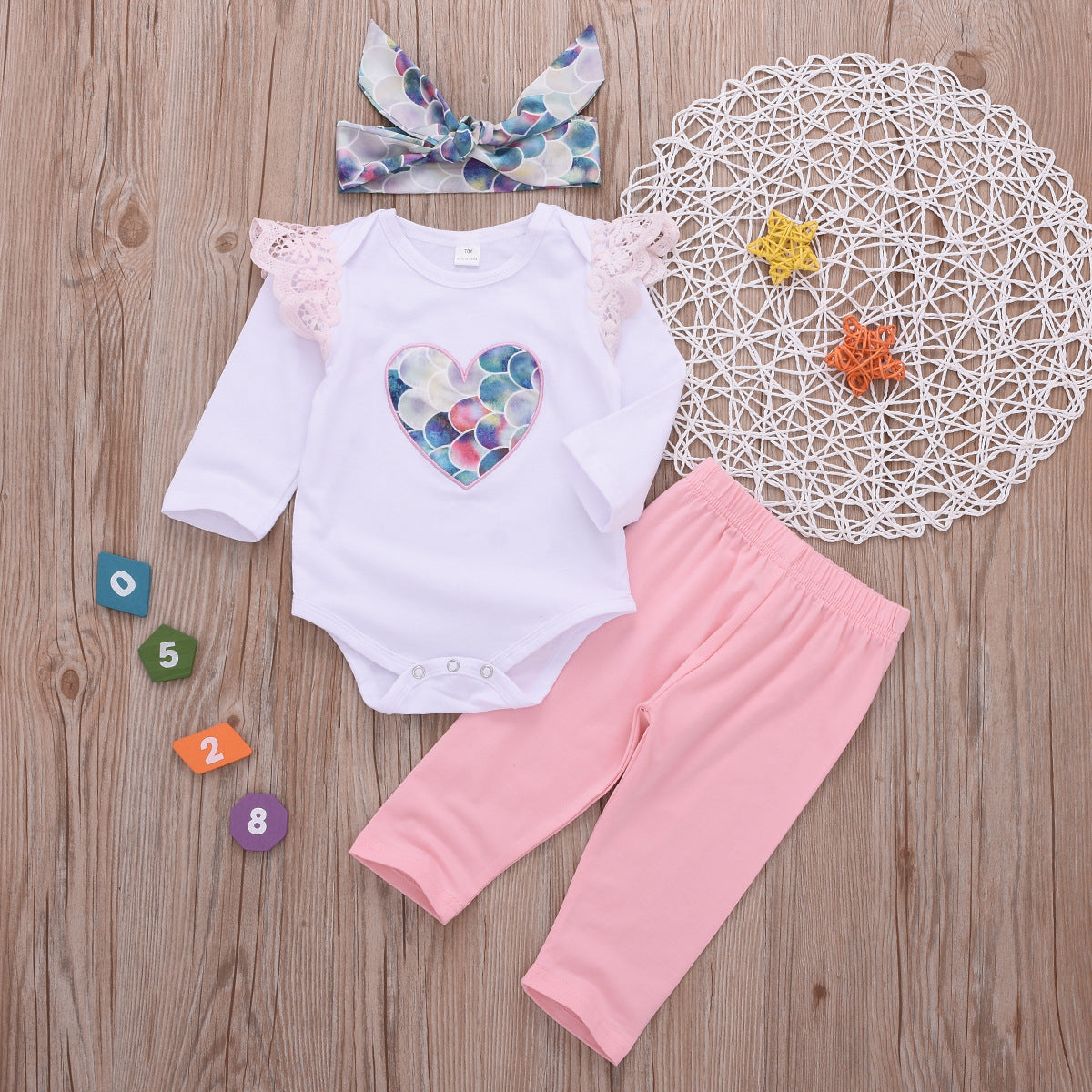 3 Pieces Set Baby Girls Rompers Pants And Bow Headwear