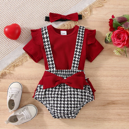 3 Pieces Set Girls Tops And Houndstooth Bow And Headwear