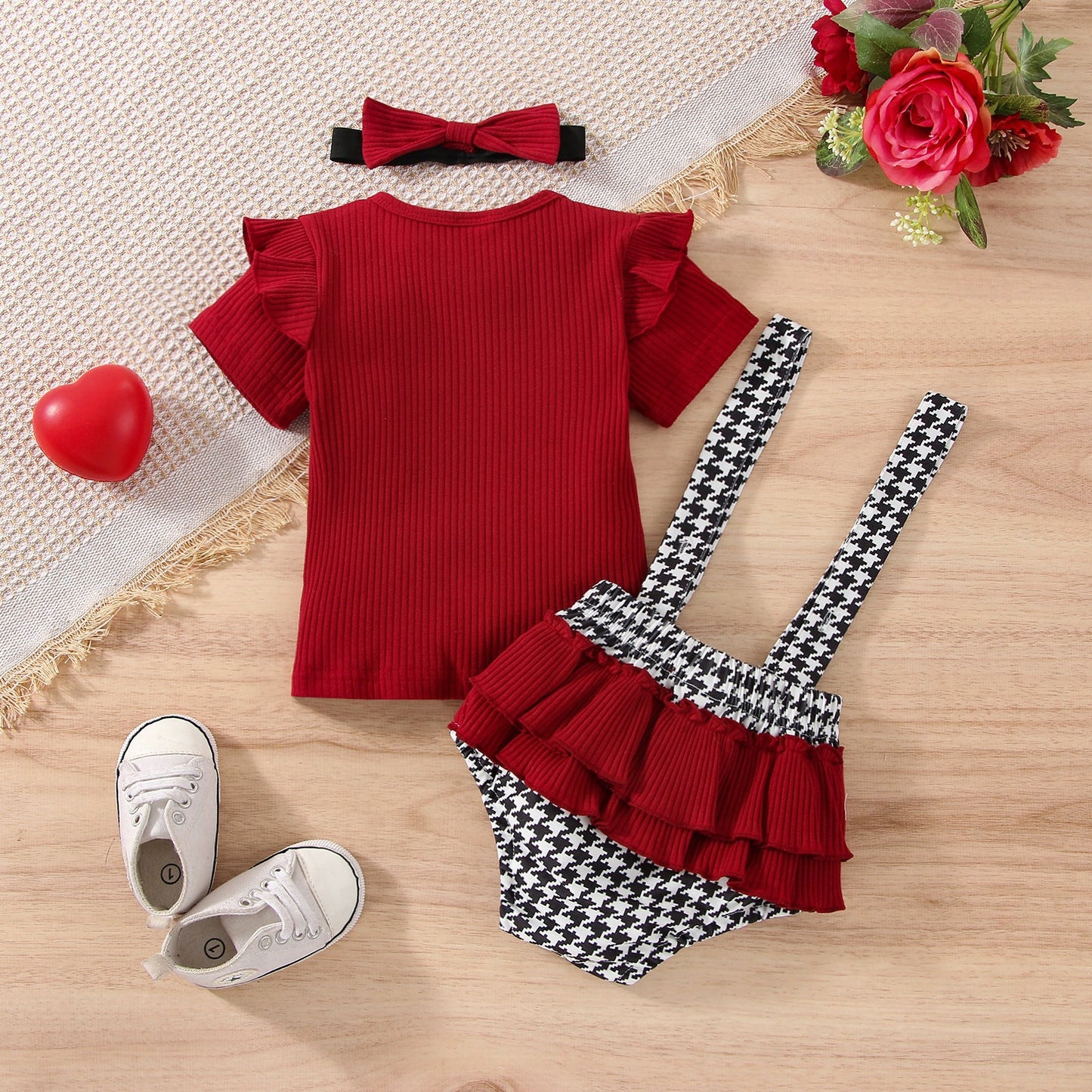 3 Pieces Set Girls Tops And Houndstooth Bow And Headwear