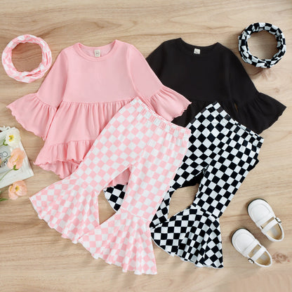 3 Pieces Set Baby Kid Girls Tops Checked Pants And Headwear