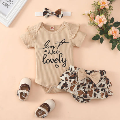 3 Pieces Set Baby Girls Leopard Shorts And Bow Headwear