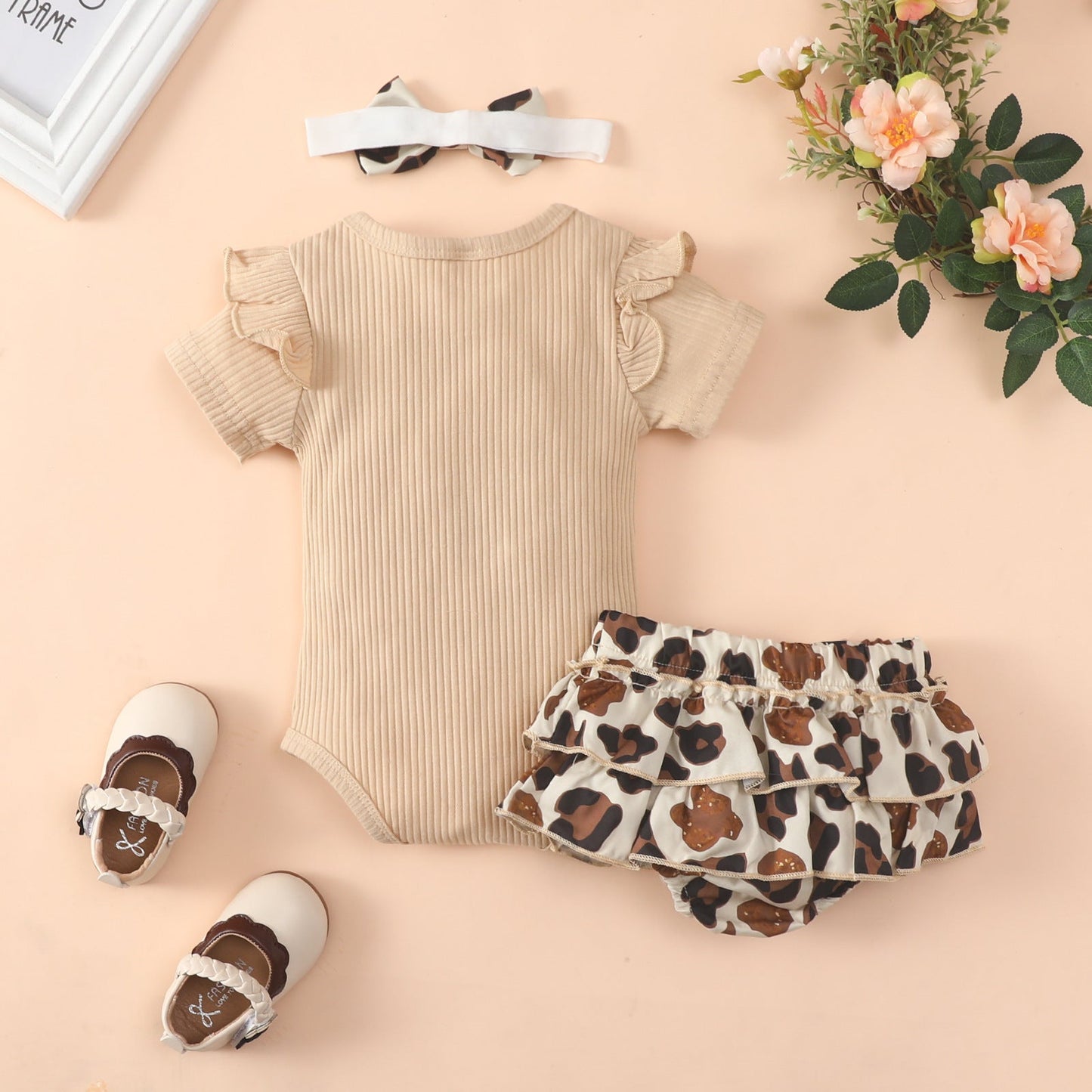 3 Pieces Set Baby Girls Leopard Shorts And Bow Headwear