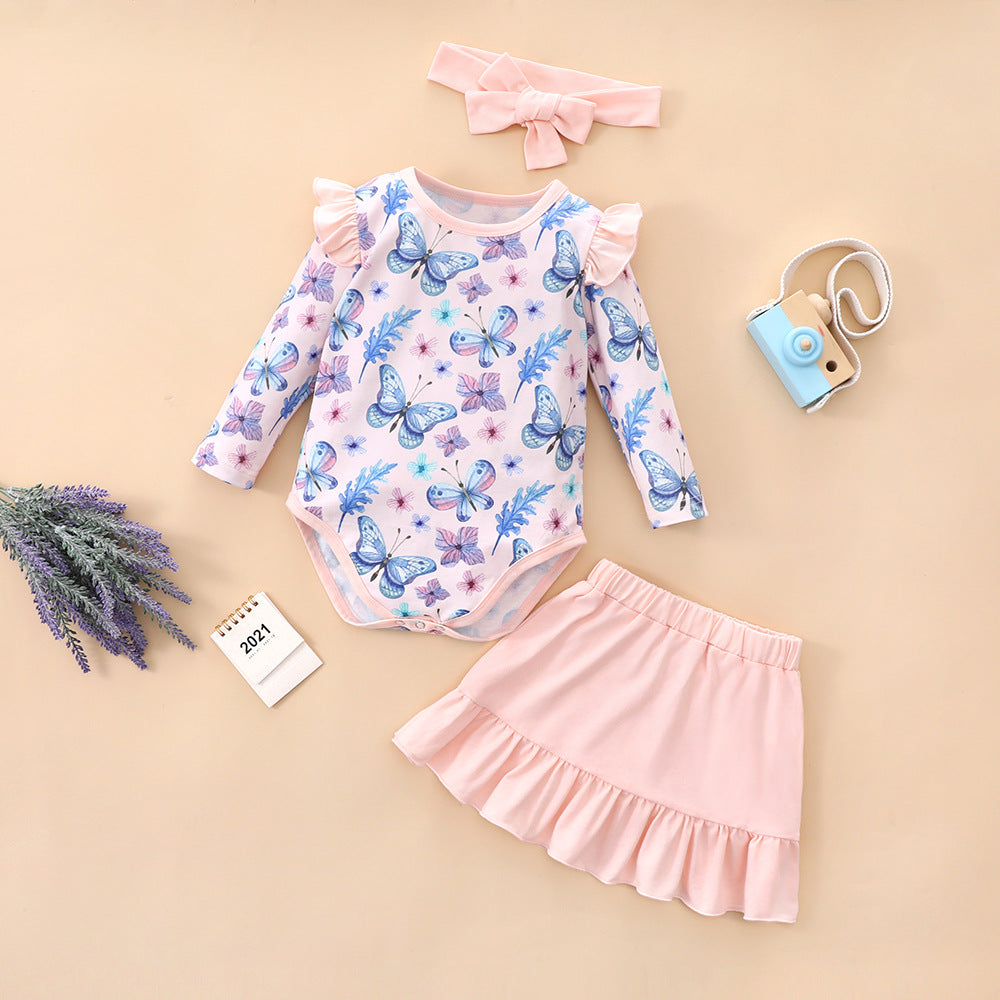 3 Pieces Set Baby Girls Butterfly Print Rompers Solid Color Shorts And Bow Headwear Wholesale 230111137