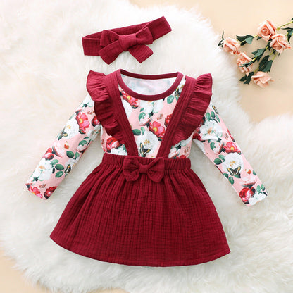 3 Pieces Set Baby Girls Flower Rompers Solid Color Dresses And Bow Headwear Wholesale 230111152