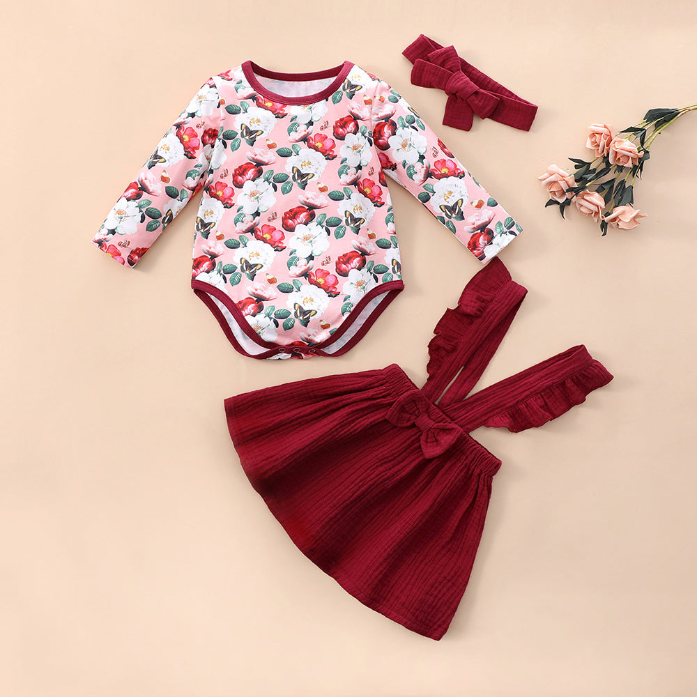 3 Pieces Set Baby Girls Flower Rompers Solid Color Dresses And Bow Headwear Wholesale 230111152