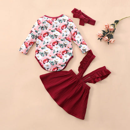 3 Pieces Set Baby Girls Flower Rompers Solid Color Dresses And Bow Headwear Wholesale 230111152