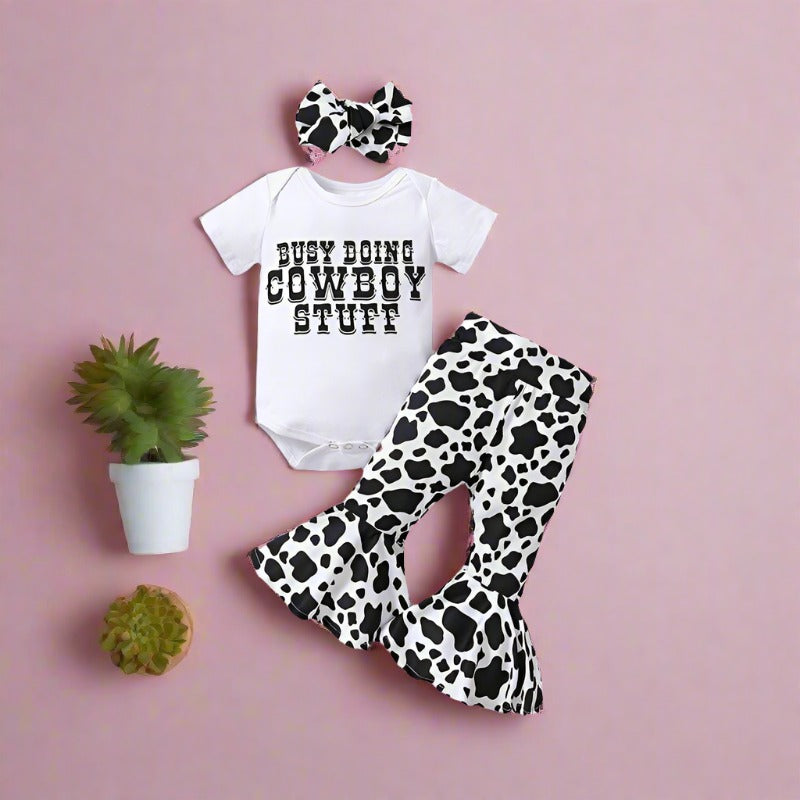 3 Pieces Set Baby Girls Rompers Cow Pants And Headwear