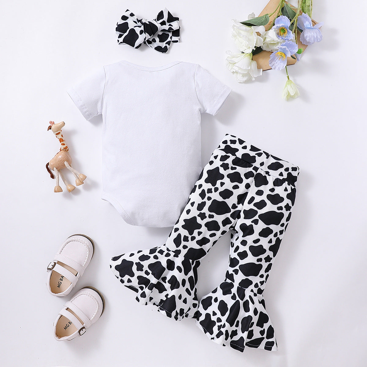 3 Pieces Set Baby Girls Rompers Cow Pants And Headwear