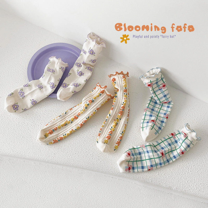 3 Pairs Girls Flower Checked Accessories Socks Wholesale