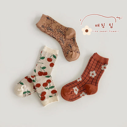 3 Pairs Girls Flower Fruit Checked Accessories Socks