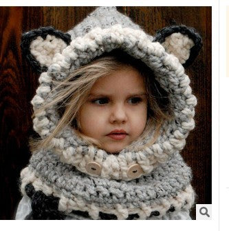 Wholesale Thick Wool Hand-knitted Children's Fox Hat Black Cat Neck Hood