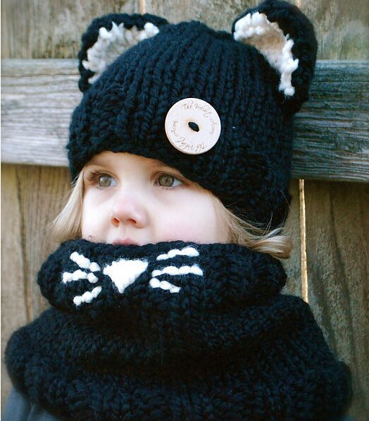 Wholesale Thick Wool Hand-knitted Children's Fox Hat Black Cat Neck Hood