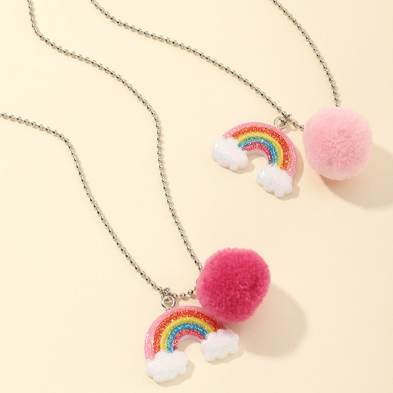 2 Pack Girl Rainbow Pom Pom Necklaces Wholesale