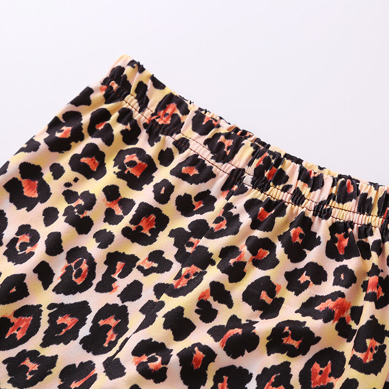 2 Pieces Kid Girl Leopard Set Pumpkin Top With Flared Trousers