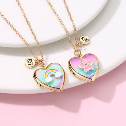 2pc Rainbow and Flower Heart Locket Necklace set