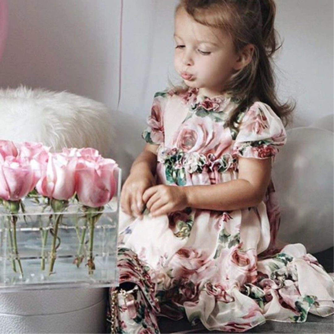 3D Floral Full Print Design Puff Sleeves Baby Princess Dress