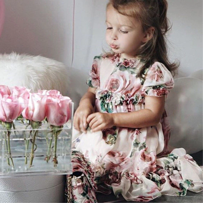 3D Floral Full Print Design Puff Sleeves Baby Princess Dress