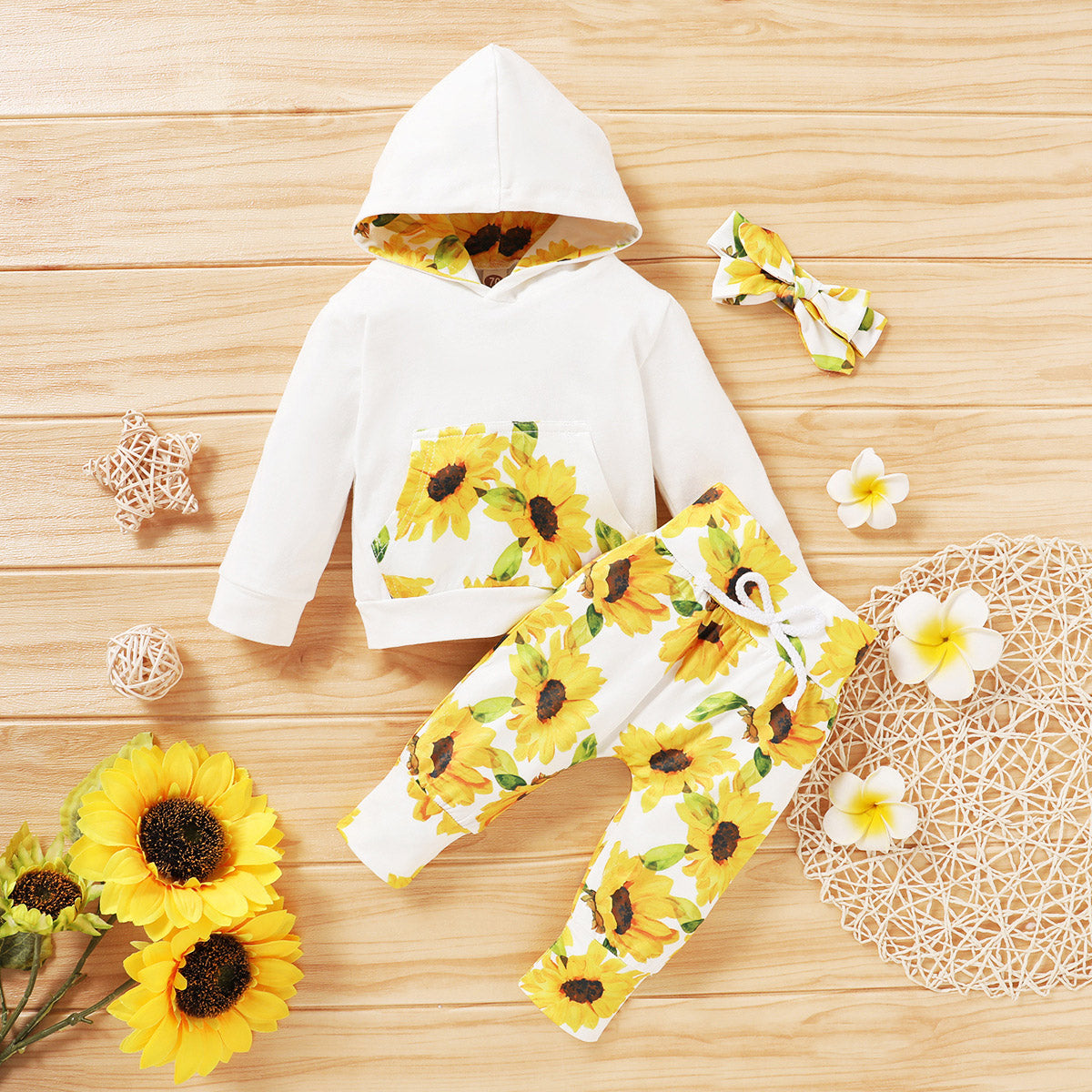 3 Pieces Set Baby Girls Flower Print Hoodies Pants And Bow Headwear Wholesale 19246167