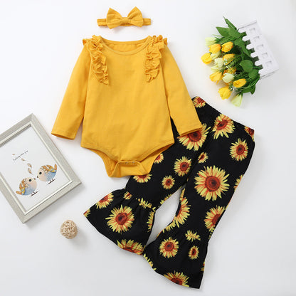 3 Pieces Set Baby Girls Solid Color Print Rompers And Flower Pants And Bow Headwear Wholesale 89266806